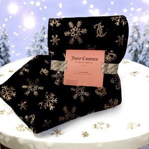 Juicy Couture New Cozy Winter Throw Blanket Black Gold Snowflakes Crowns 50X70